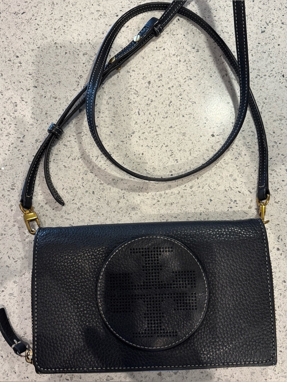 Black Leather Crossbody Bag with Circular Front Detail